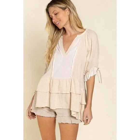 POL CLOTHING Women's Tiered Vanilla Cream Baby Doll Tunic Top Gauze New FWT96 - Picture 3 of 6